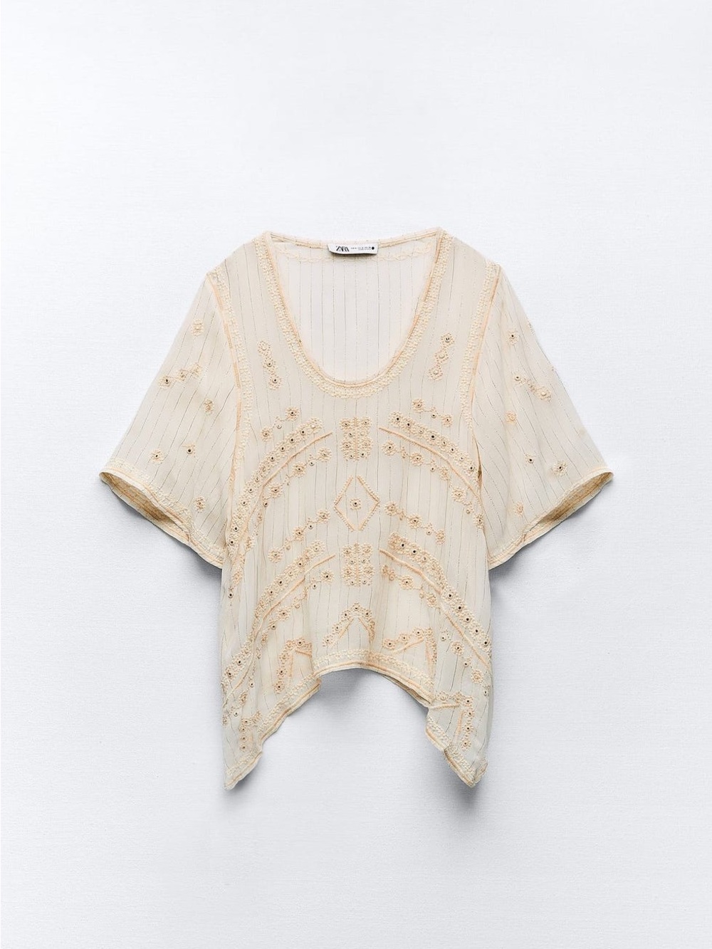 Zara Beaded Cream Short-Sleeve Scoop Top
